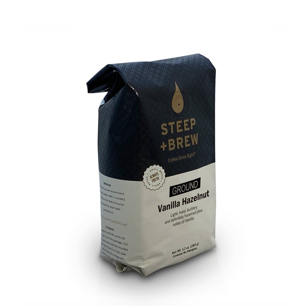 slide 3 of 3, Steep & Brew Steep+Brew Vanilla Hazelnut Light Roast Ground Coffee, 12 oz