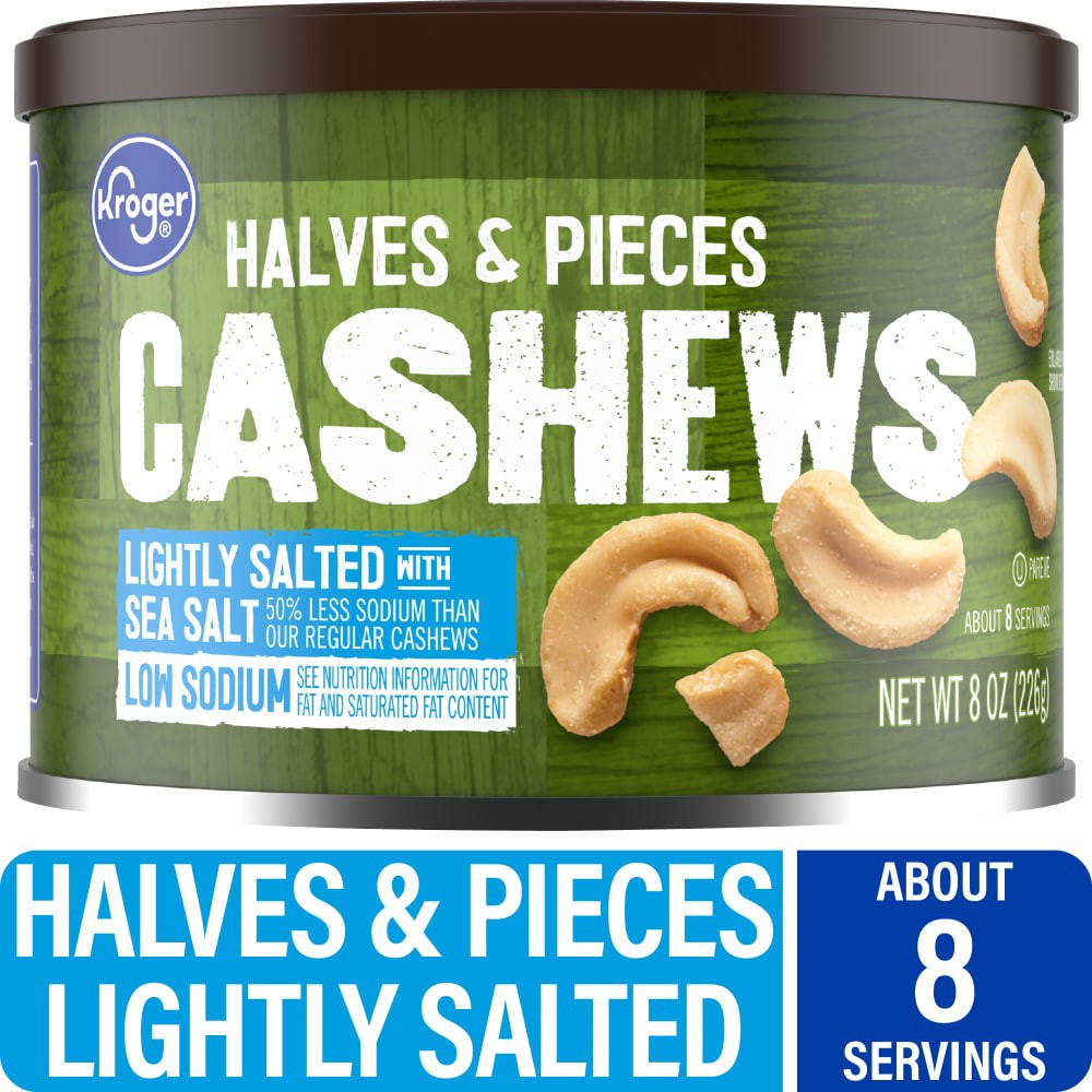 slide 2 of 3, Kroger Lightly Salted With Sea Salt Cashews Halves & Pieces, 8 oz