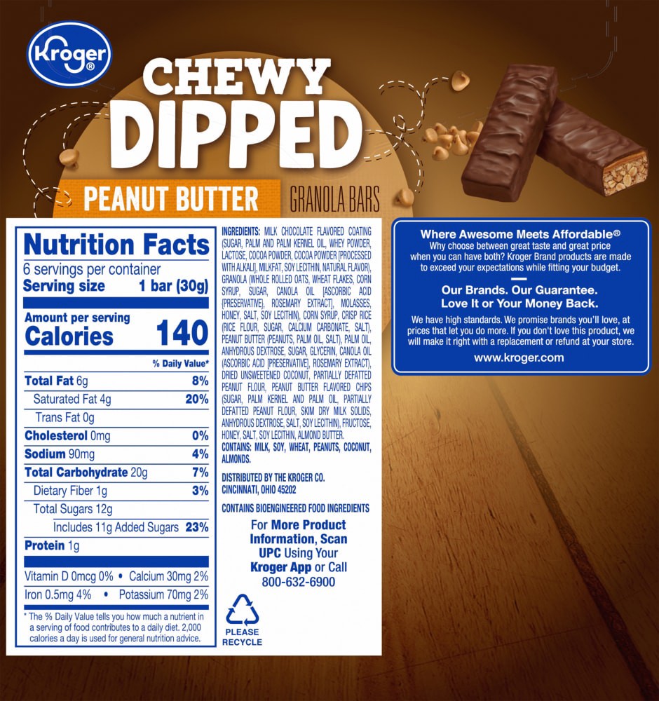 slide 3 of 5, Kroger Chewy Dipped Peanut Butter Granola Bars, 6 ct; 1.05 oz