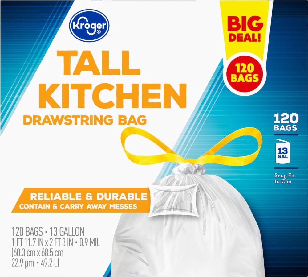 slide 3 of 5, Kroger Tall 13 Gallon Kitchen Drawstring Trash Bags, 120 ct