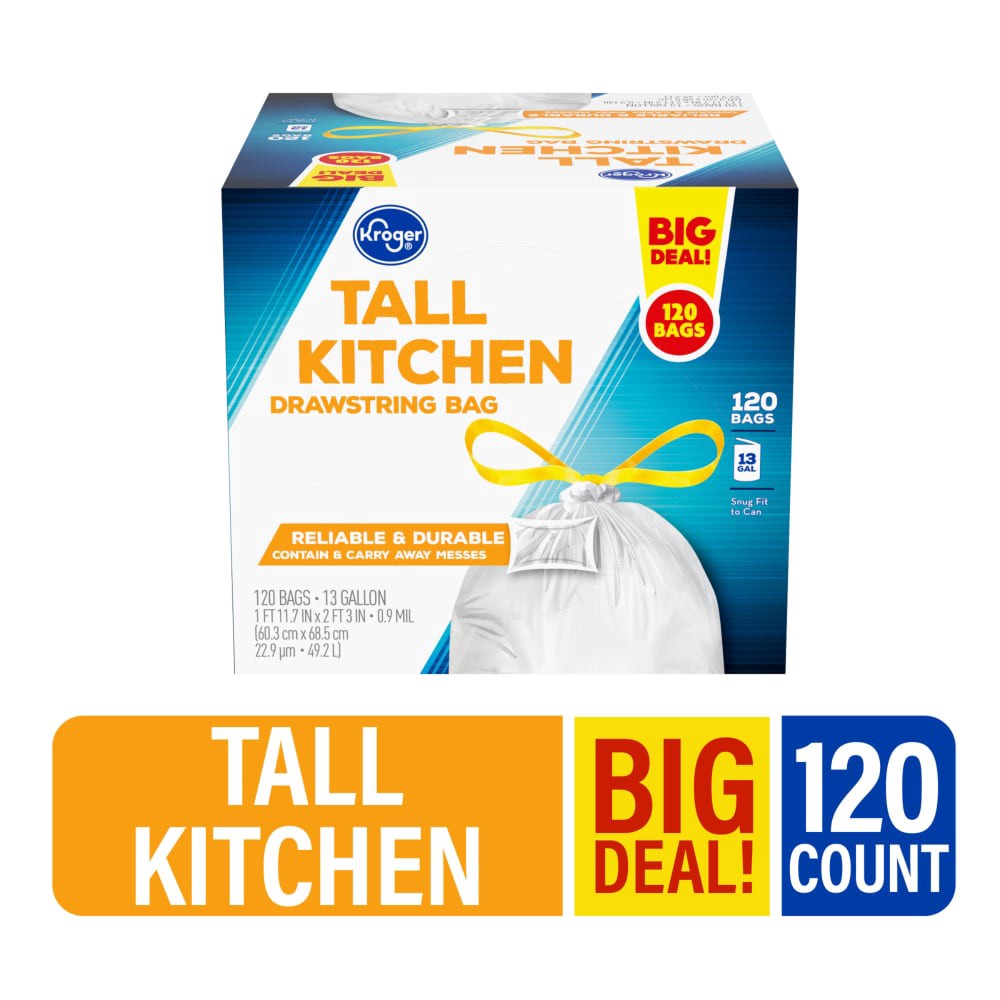 slide 5 of 5, Kroger Tall 13 Gallon Kitchen Drawstring Trash Bags, 120 ct