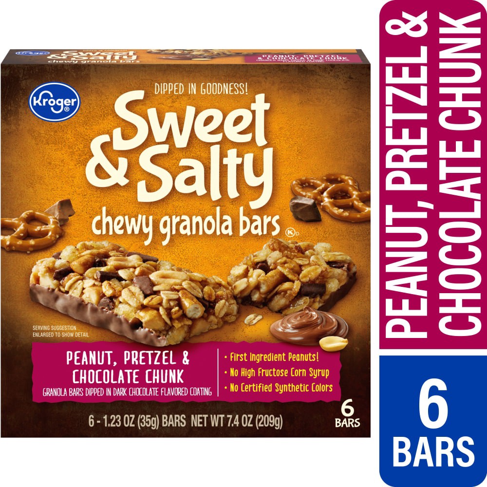 slide 5 of 5, Kroger Sweet & Salty Peanut Chocolate Chunk Pretzel Bars 6 Count, 7.4 oz