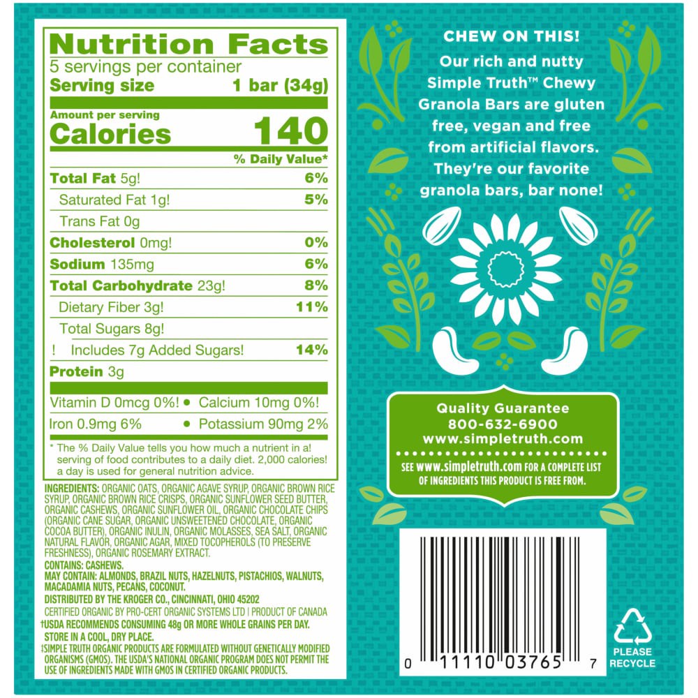 slide 3 of 6, Simple Truth Organic Dark Chocolate Chip Cashew & Sunflower Butter Chewy Granola Bars, 5 ct; 1.2 oz