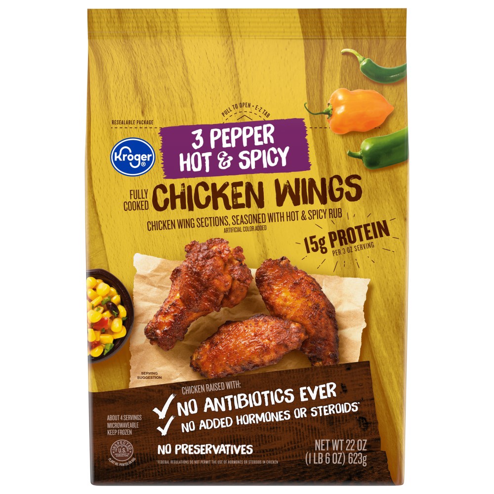 slide 5 of 5, Kroger 3 Pepper Hot & Spicy Fully Cooked Chicken Wings, 22 oz