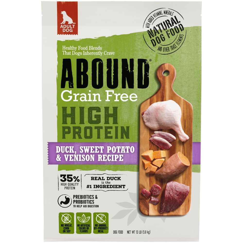 slide 1 of 1, Abound Grain Free High Protein Duck Sweet Potato & Venison Recipe Dog Food, 13 lb