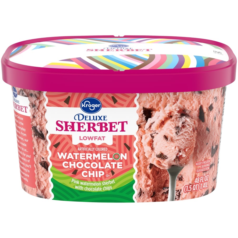 slide 1 of 1, Kroger Deluxe Lowfat Watermelon Chocolate Chip Sherbert, 48 fl oz