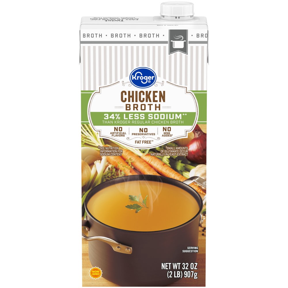 slide 3 of 3, Kroger 34% Less Sodium Chicken Broth, 32 oz