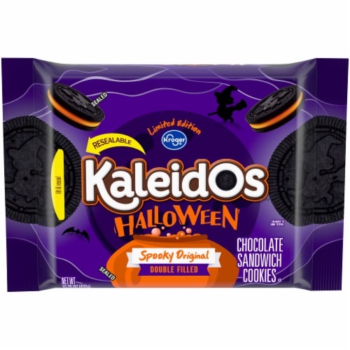 slide 1 of 1, Kroger Kaleidos Halloween Spooky Original Double Filled Chocolate Sandwich Cookies, 15.25 oz