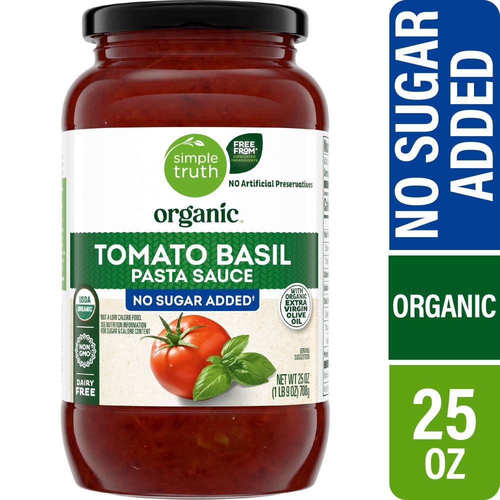 slide 1 of 4, Simple Truth Organic® No Sugar Added Tomato Basil Pasta Sauce, 25 oz