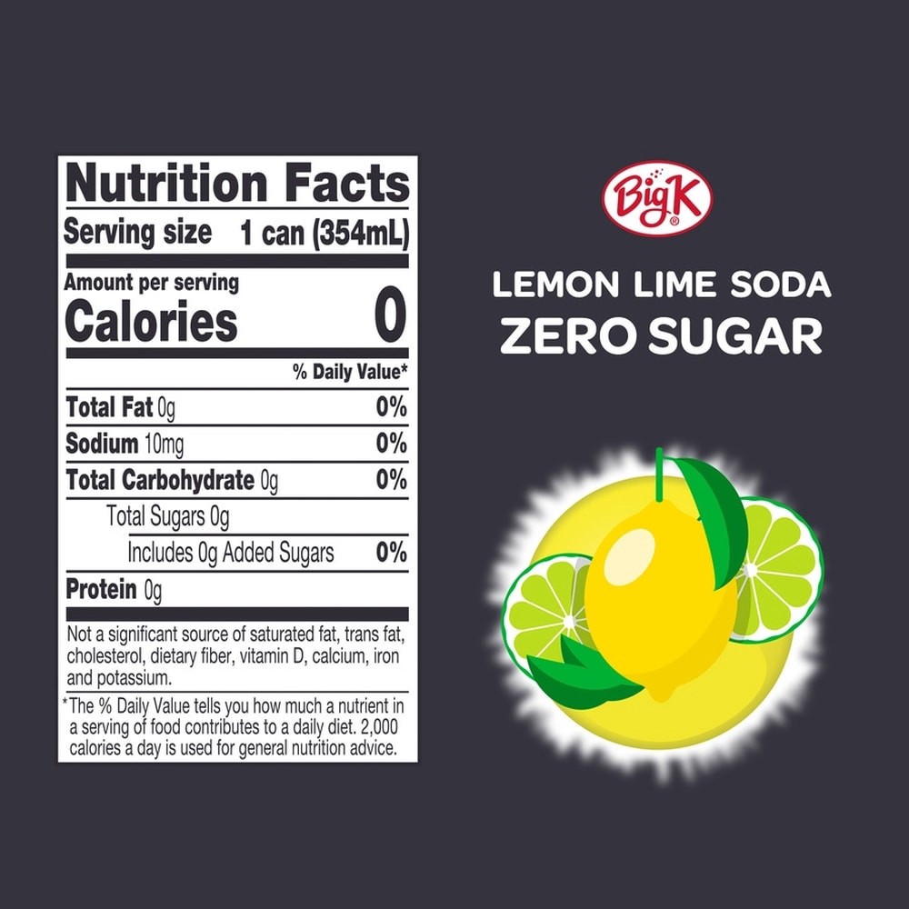 slide 4 of 6, Big K Caffeine Free Zero Sugar Lemon Lime Soda, 12 ct; 12 fl oz