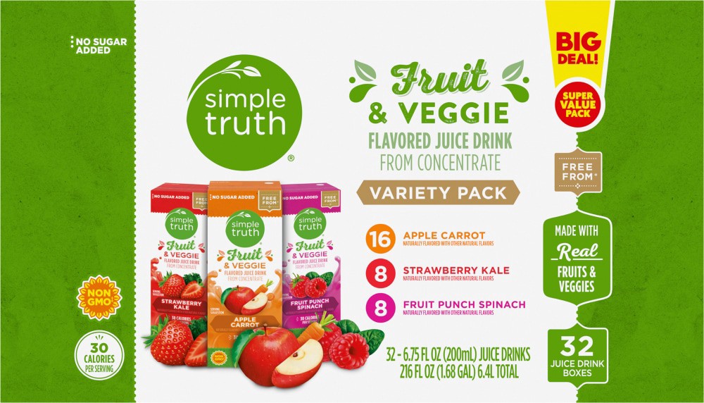 slide 3 of 5, Simple Truth Kids Fruit And Veggie Juice Box Variety Pk, 32 ct / 6.65 fl oz