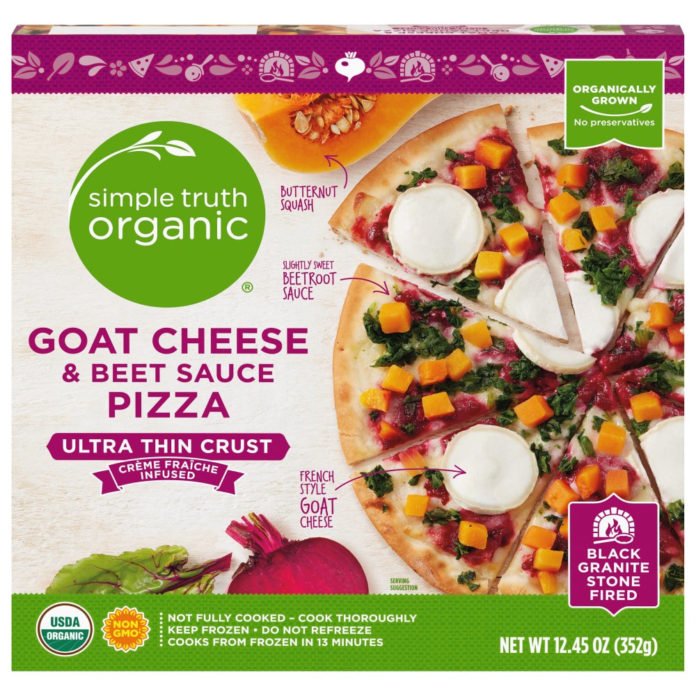slide 1 of 2, Simple Truth Organic Ultra Thin Crust Goat Cheese & Beet Sauce Pizza, 1 ct