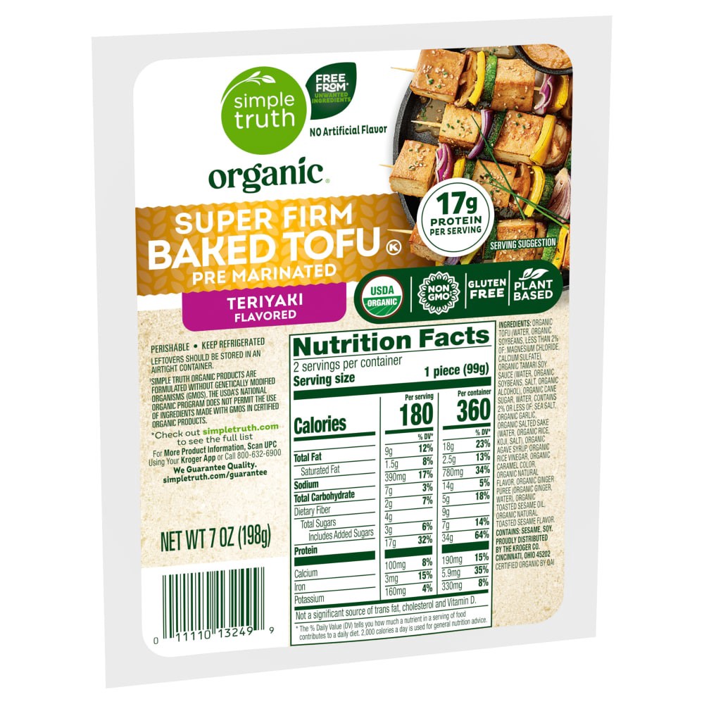 slide 3 of 3, Simple Truth Organic Super Firm Teriyaki Flavored Pre-Marinated Baked Tofu, 7 oz