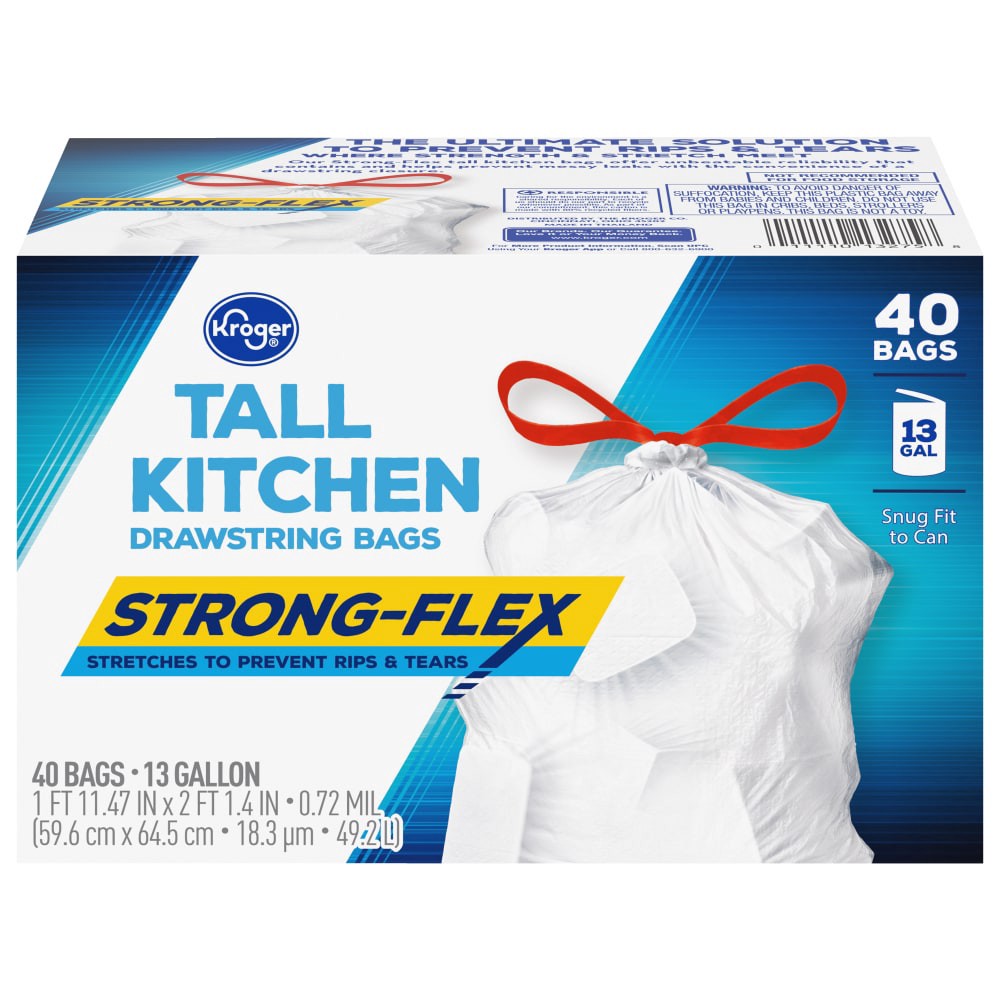 slide 3 of 3, Kroger Strong-Flex Unscented Tall Kitchen 13 Gallon Drawstring Bags, 40 ct