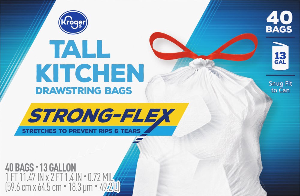 slide 2 of 3, Kroger Strong-Flex Unscented Tall Kitchen 13 Gallon Drawstring Bags, 40 ct