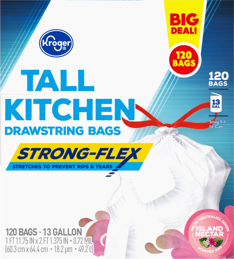 slide 4 of 4, Kroger Island Nectar Scent Strong-Flex Tall Kitchen 13 Gallon Drawstring Bags, 120 ct