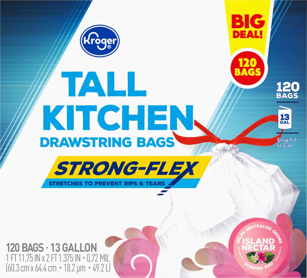 slide 3 of 4, Kroger Island Nectar Scent Strong-Flex Tall Kitchen 13 Gallon Drawstring Bags, 120 ct