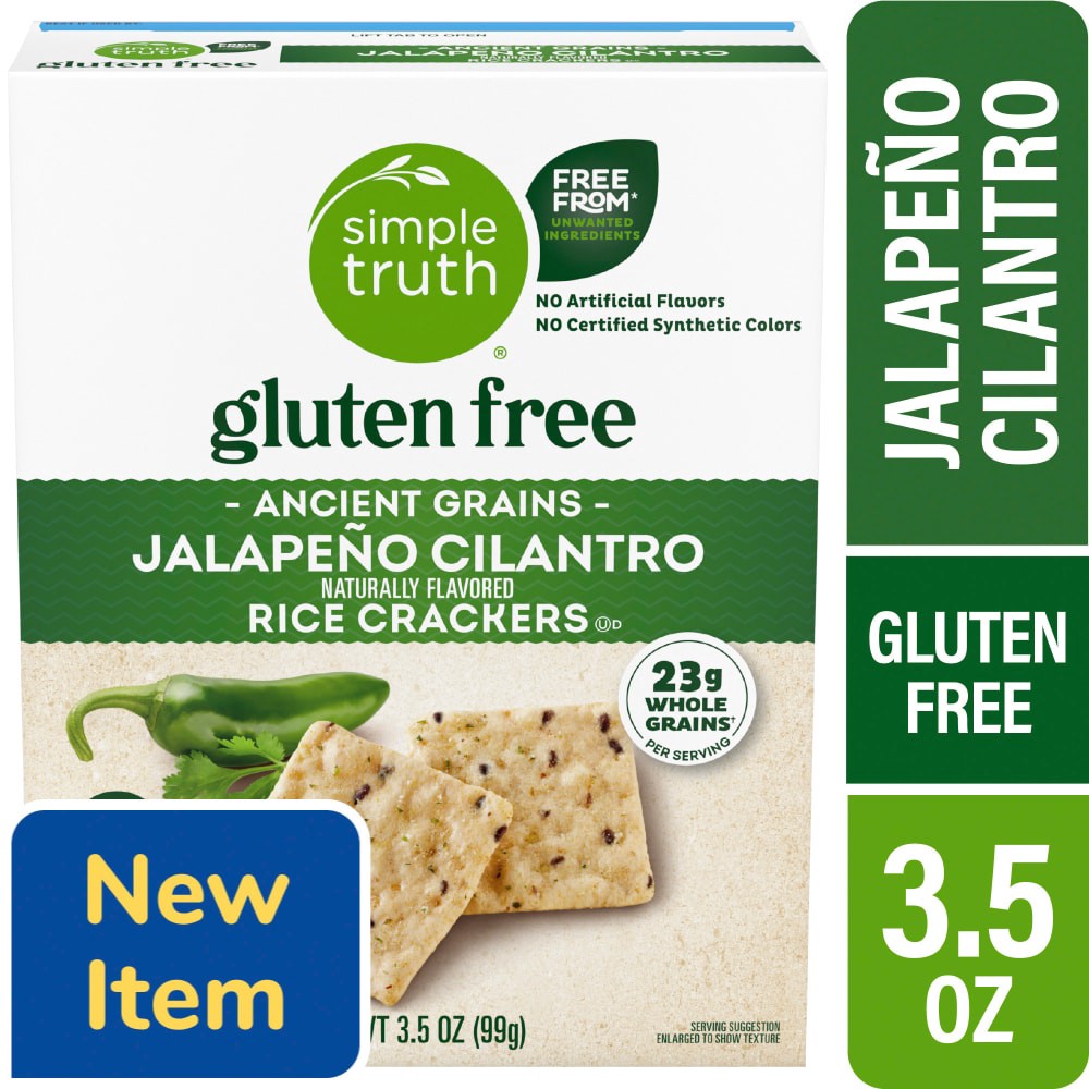 slide 1 of 1, Simple Truth® Gluten Free Ancient Grains Jalapeno Cilantro Rice Crackers, 3.5 oz, 3.5 oz