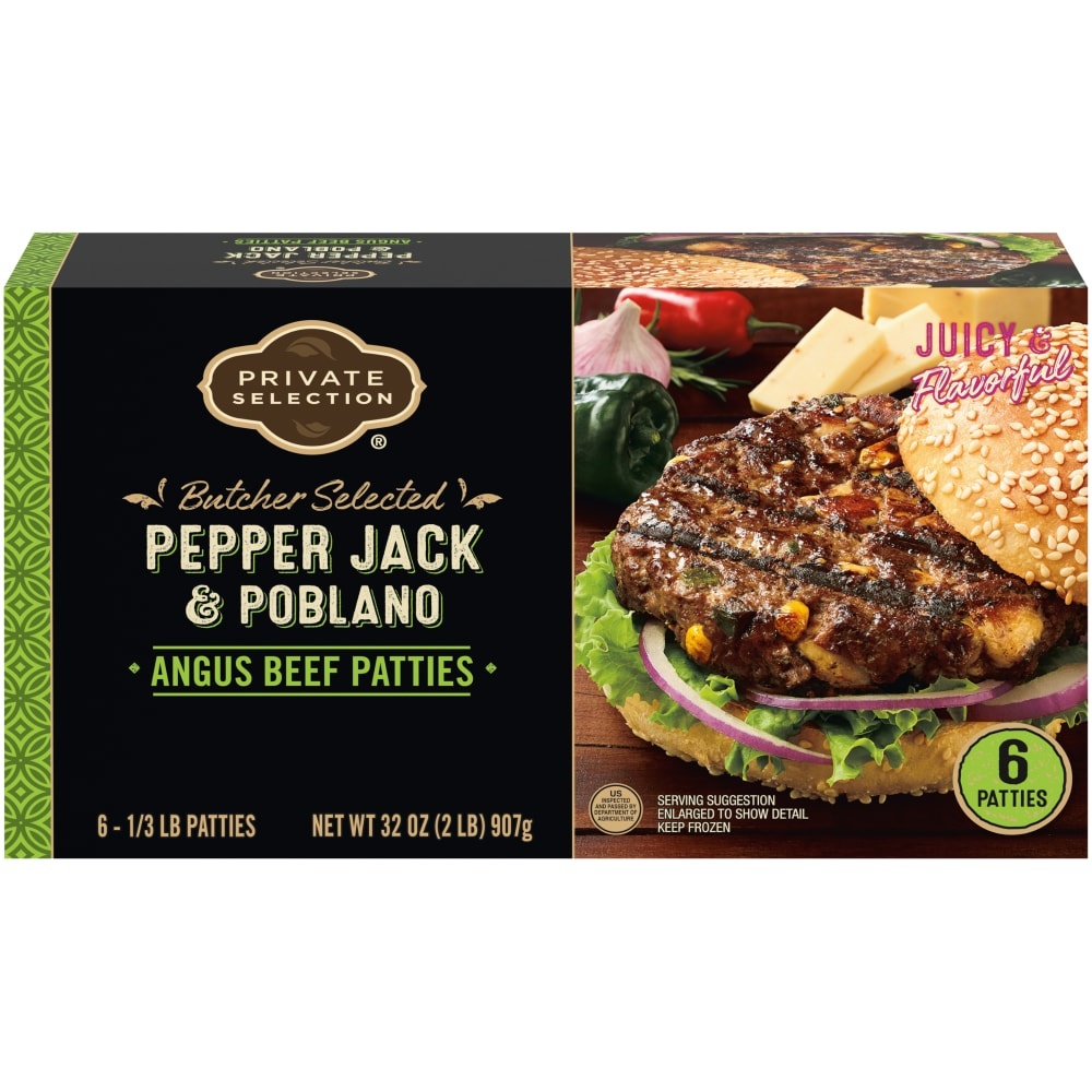 slide 1 of 1, Private Selection Pepper Jack & Poblano Angus Beef Patties, 6 ct; 32 oz