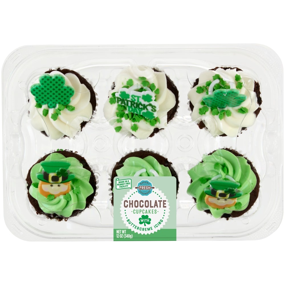 slide 1 of 1, Bakery Fresh Goodness St. Patrick's Day Chocolate Cupcakes With Buttercreme Icing, 6 ct / 12 oz