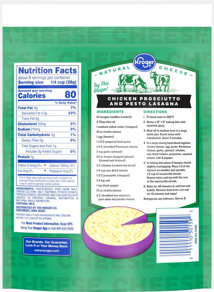 slide 2 of 2, Kroger Shredded Low-Moisture Mozzarella Cheese, 8 oz