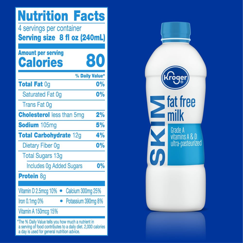 slide 3 of 4, Kroger Fat Free Skim Milk, 1 qt
