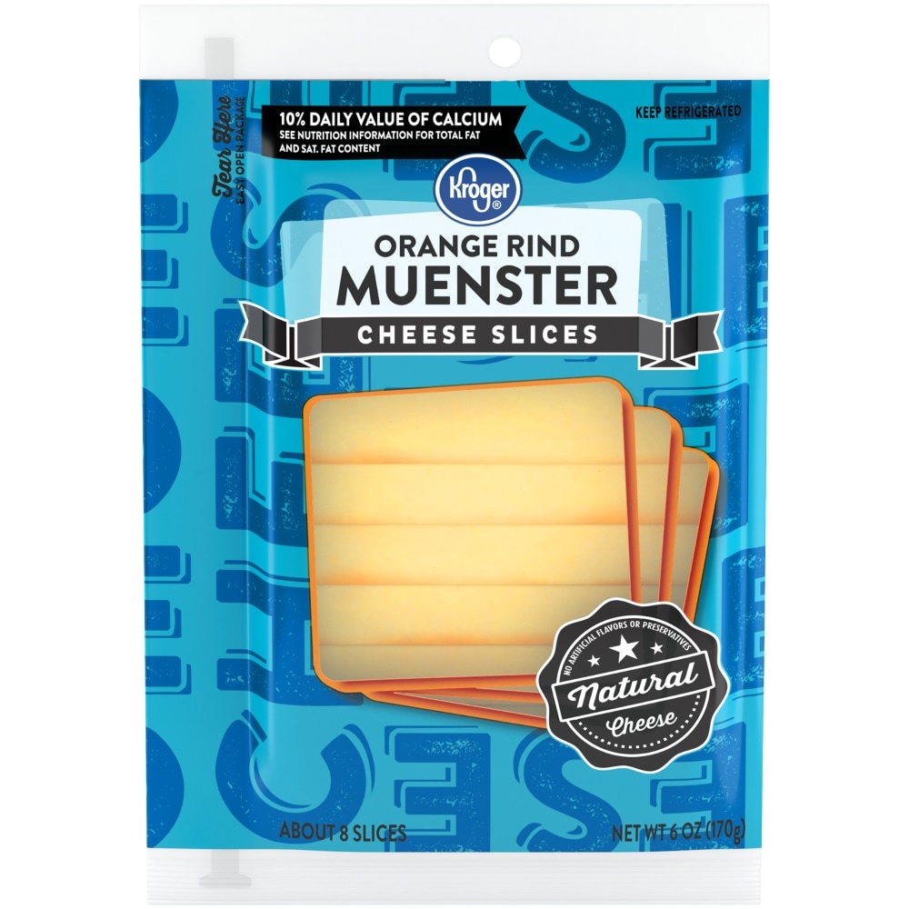 slide 1 of 2, Kroger Orange Rind Muenster Cheese Slices, 8 ct; 6 oz