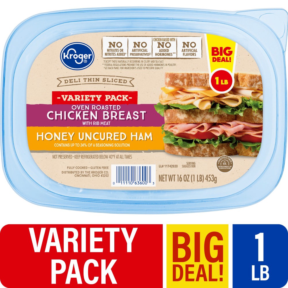 slide 4 of 5, Kroger® Deli Thin Sliced Oven Roasted Chicken Breast/Honey Uncured Ham Variety Pack, 16 oz