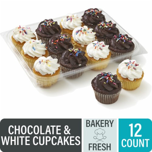 slide 1 of 1, Bakery Fresh Chocolate and White Cupcakes with Buttercreme Icing, 12 ct