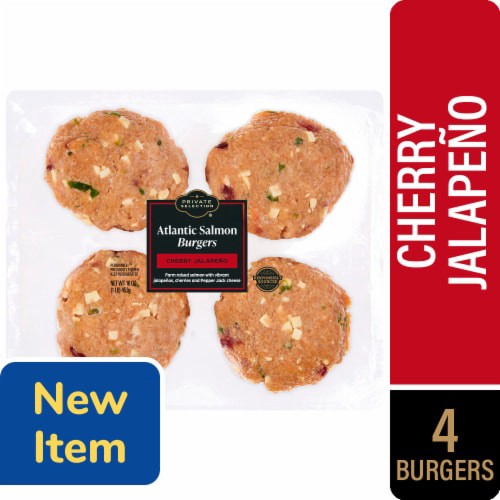 slide 1 of 1, Kroger Private Selection® Farm Raised Cherry Jalapeno Atlantic Salmon Burgers, 4 ct; 16 oz