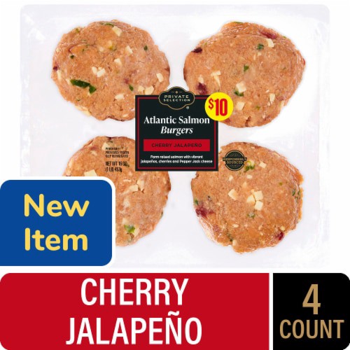 slide 1 of 1, Private Selection® Farm Raised Cherry Jalapeno Atlantic Salmon Burgers, 4 ct; 16 oz