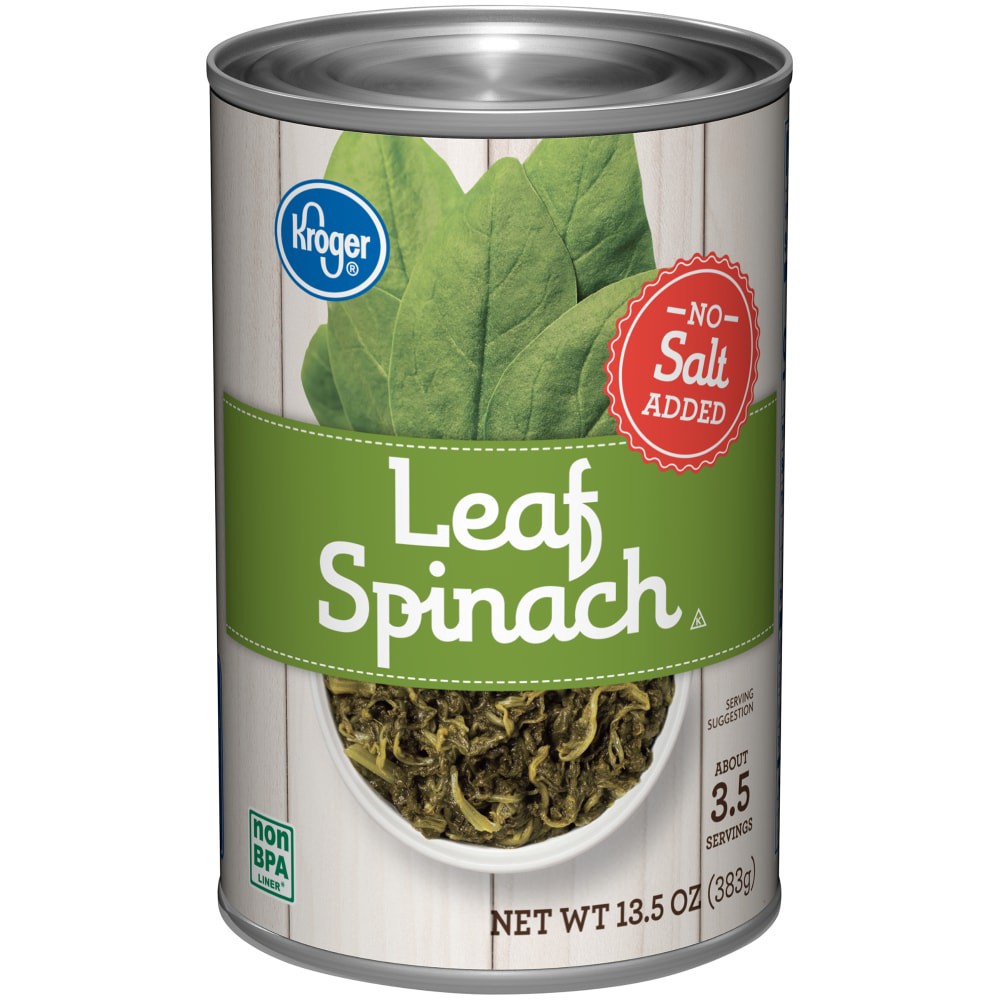 slide 3 of 3, Kroger No Salt Added Leaf Spinach, 13.5 oz