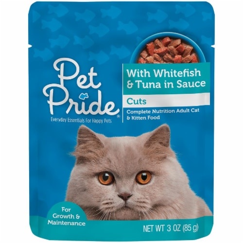 slide 1 of 1, Pet Pride With Whitefish And Tuna In Sauce Cuts, 3 oz