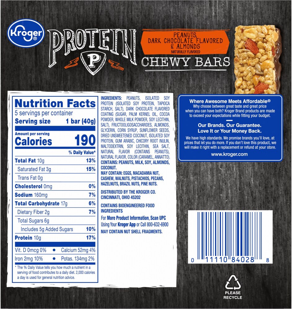 slide 3 of 6, Kroger Peanuts Dark Chocolate Flavored & Almonds Protein Chewy Bars, 5 ct; 1.42 oz