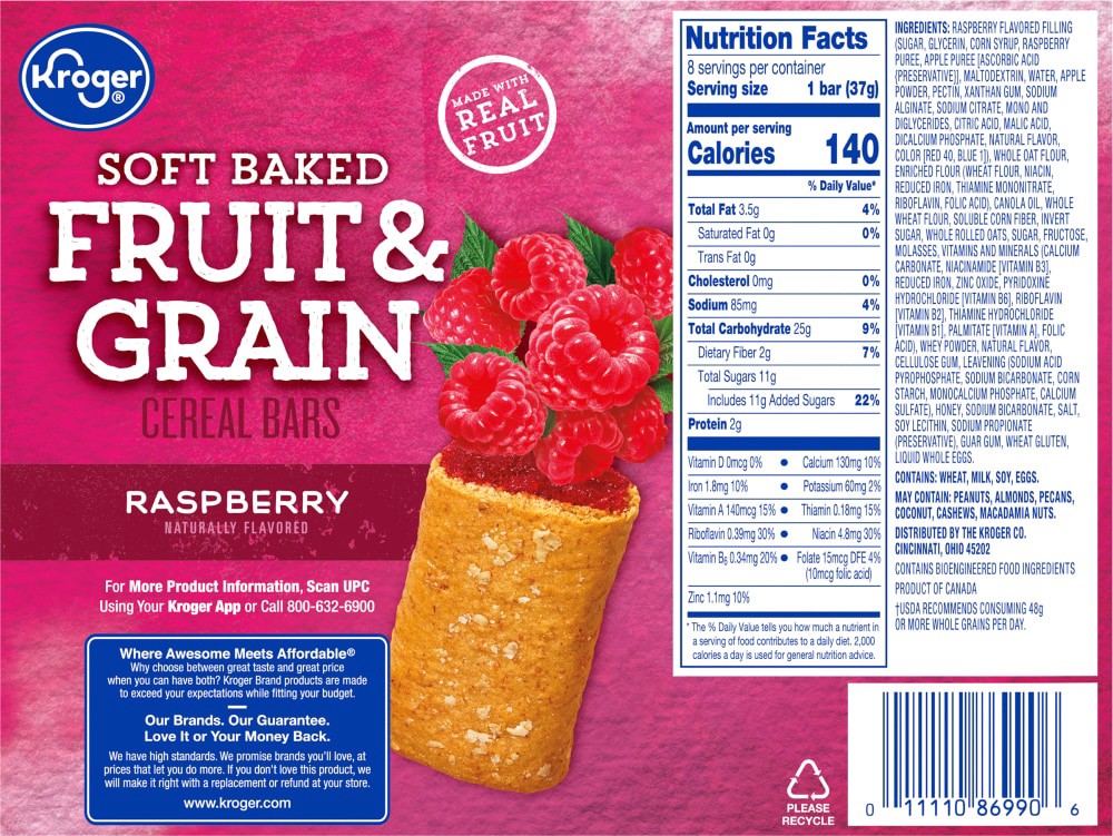 slide 6 of 6, Kroger Fruit & Grain Raspberry Cereal Bars, 8 ct; 1.23 oz