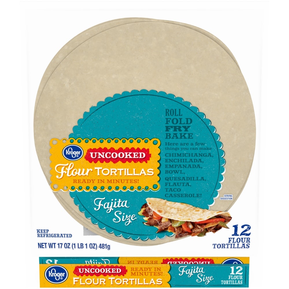 slide 1 of 1, Kroger Uncooked Fajita Size Flour Tortillas, 12 ct