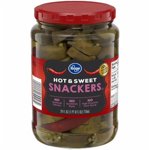 slide 3 of 3, Kroger Hot & Sweet Snackers Pickles, 24 fl oz
