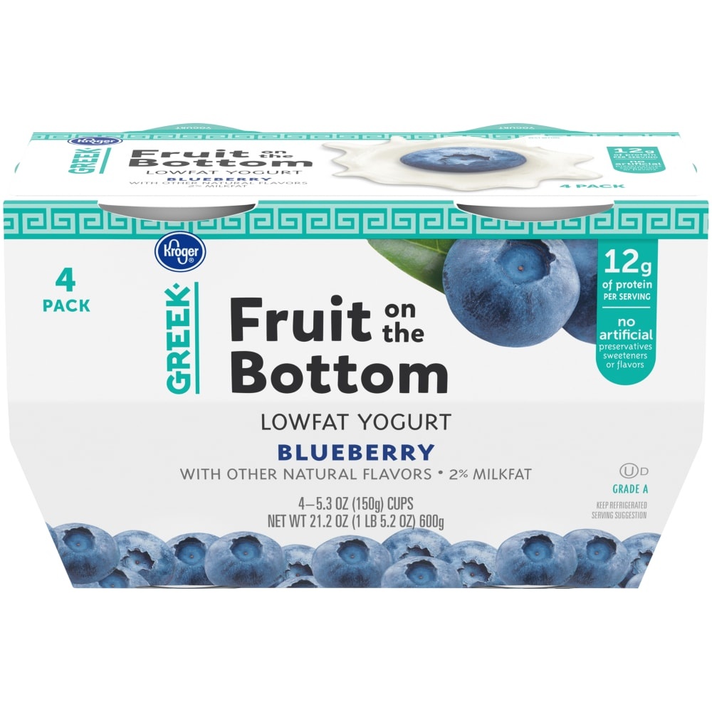 slide 1 of 1, Kroger Blueberry Fruit On The Bottom Greek Lowfat Yogurt Cups, 4 ct; 5.3 oz