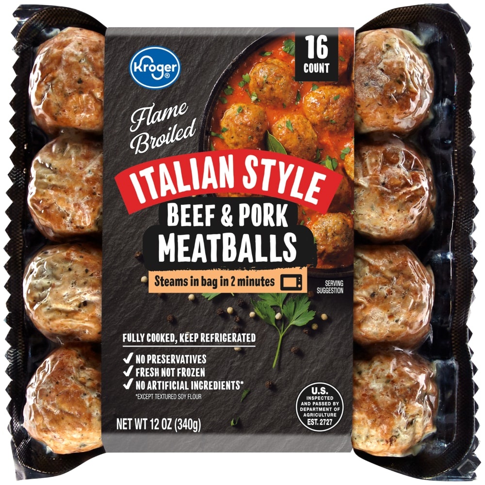 slide 1 of 1, Kroger Flame Broiled Italian Style Beef & Pork Meatballs 16 Count, 12 oz