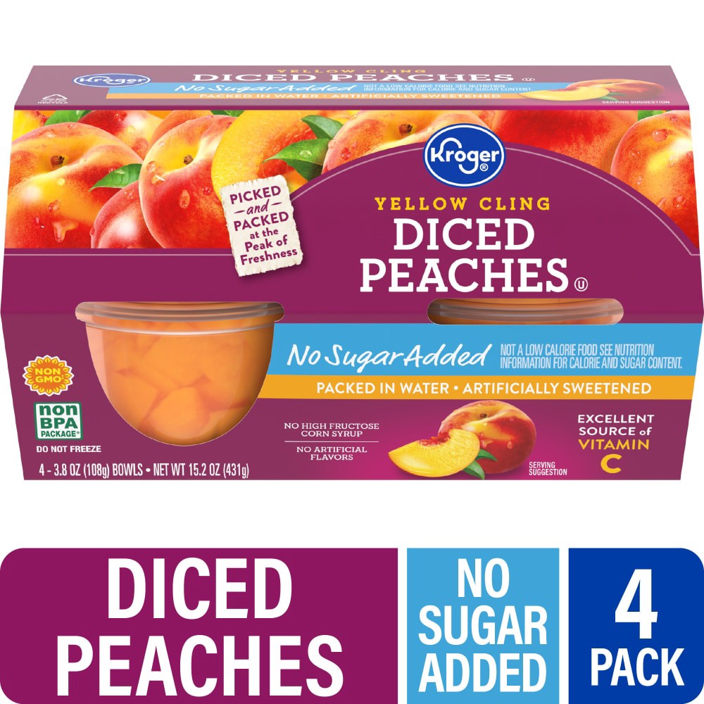 slide 2 of 3, Kroger No Sugar Added Yellow Cling Diced Peaches Fruit Snack Bowls, 4 ct / 3.8 oz
