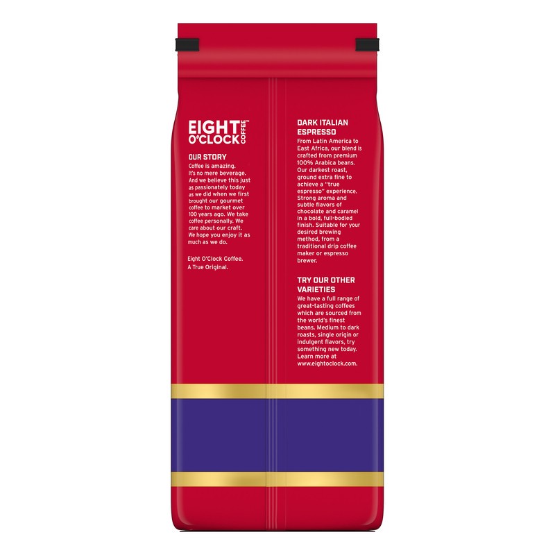 slide 4 of 4, Eight O'Clock Coffee Dark Italian Espresso, our darkest roast, ground extra fine to achieve a “true espresso” experience. Strong aroma and subtle flavors of chocolate and caramel in a bold, full-bodied finish., 30 oz