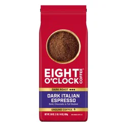 Eight O'Clock Coffee Dark Italian Espresso, our darkest roast, ground extra fine to achieve a “true espresso” experience. Strong aroma and subtle flavors of chocolate and caramel in a bold, full-bodied finish.