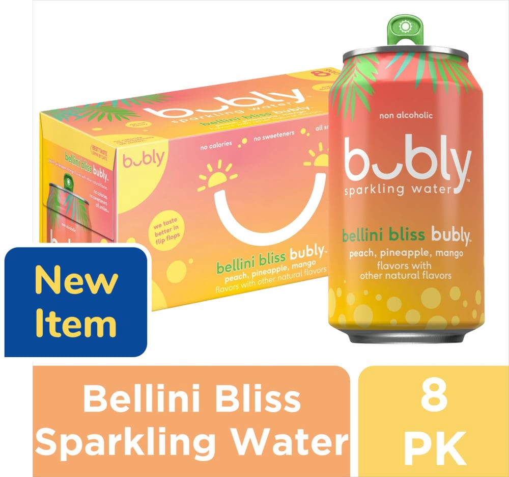 slide 3 of 3, bubly Sparkling Water, Bellini Bliss Bubly, 8 ct; 12 fl oz