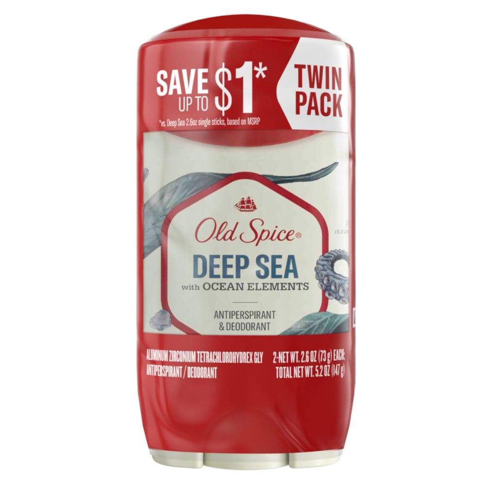 slide 2 of 2, Old Spice Men's Antiperspirant & Deodorant Deep Sea with Ocean Elements, 2.6 oz Twin Pack, 2 ct; 2.6 oz
