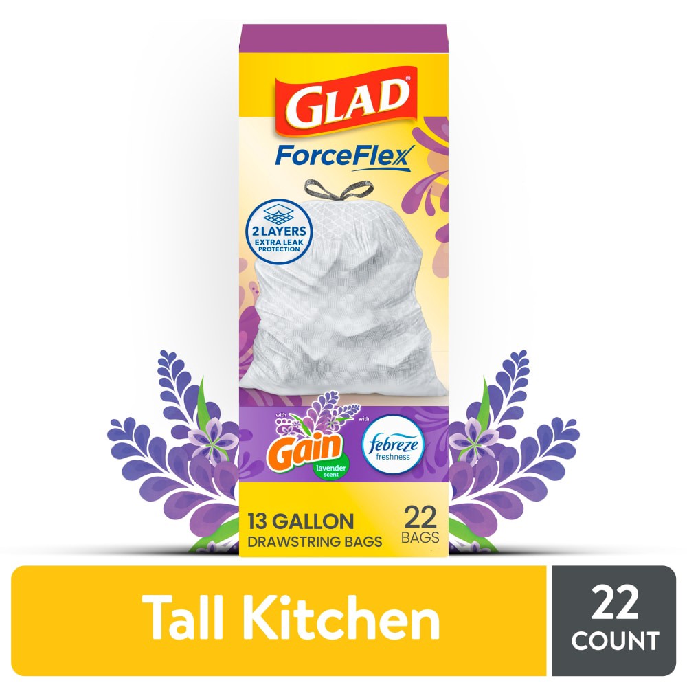 slide 4 of 6, Glad ForceFlex Tall Kitchen Trash BagsGain Lavender Scent with Febreze, 22 ct
