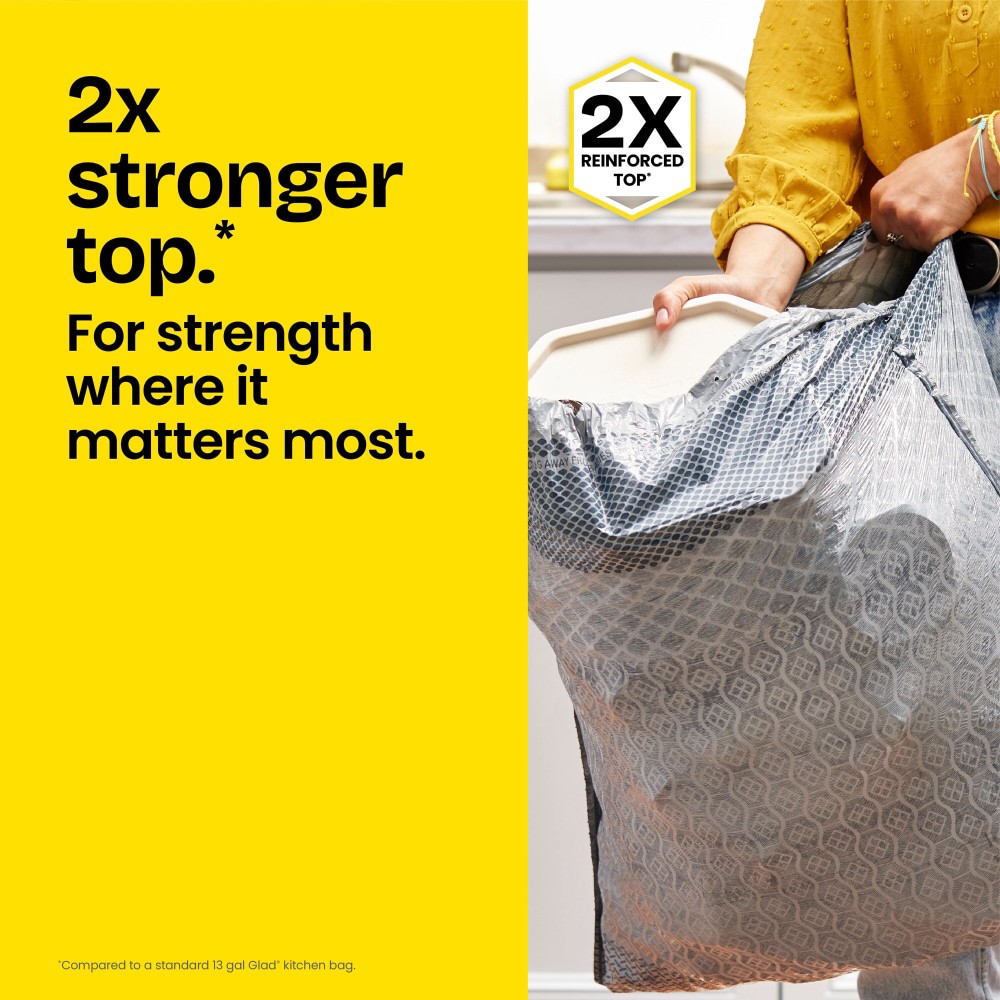 slide 3 of 6, Glad ForceFlex MaxStrength Tall Kitchen Drawstring Trash Bags, 13 Gallon, Odorshield, 34 Count, 34 ct