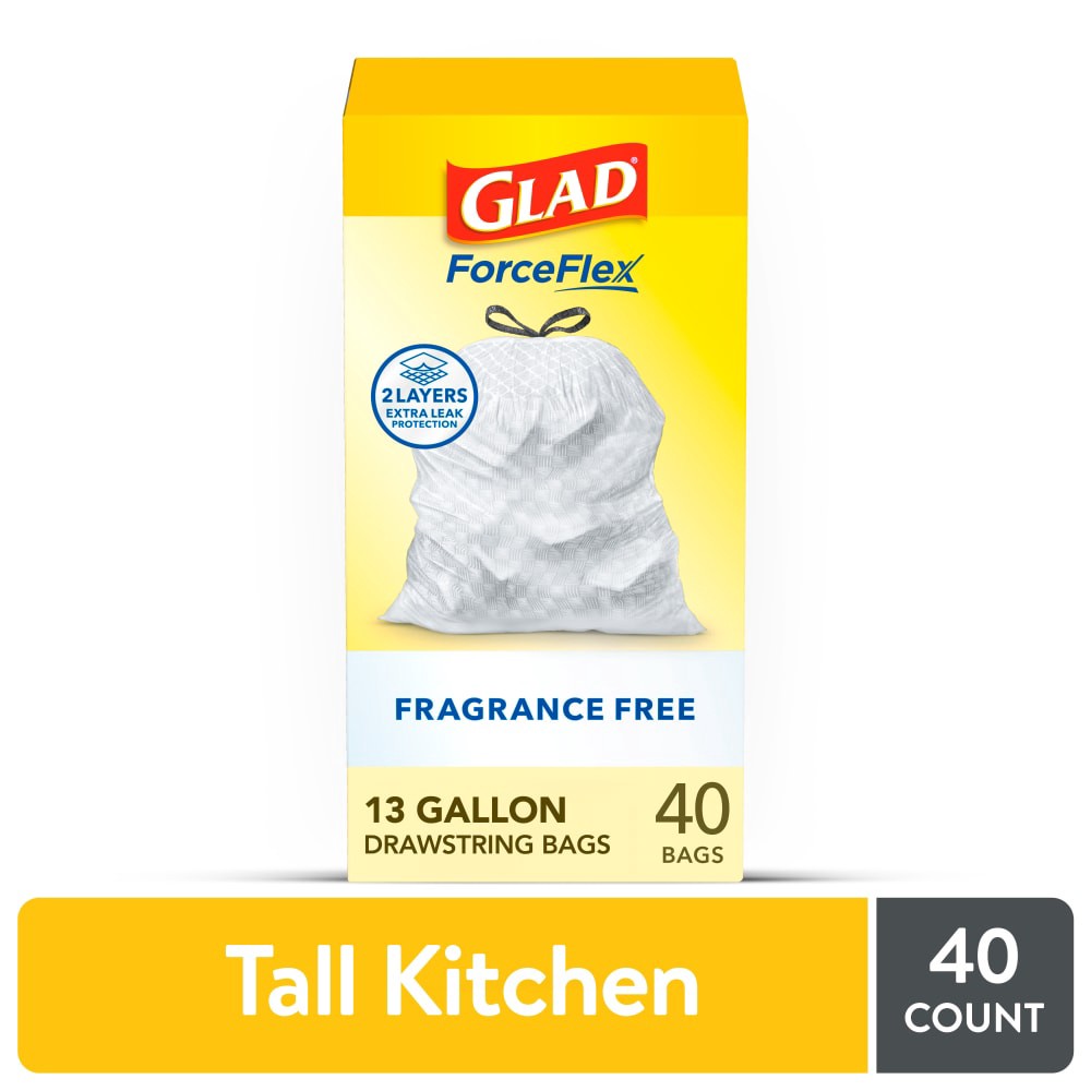 slide 2 of 6, Glad Forceflex Tall Kitchen Drawstring Trash Bags 13 Gallon - 40 Count, 40 ct