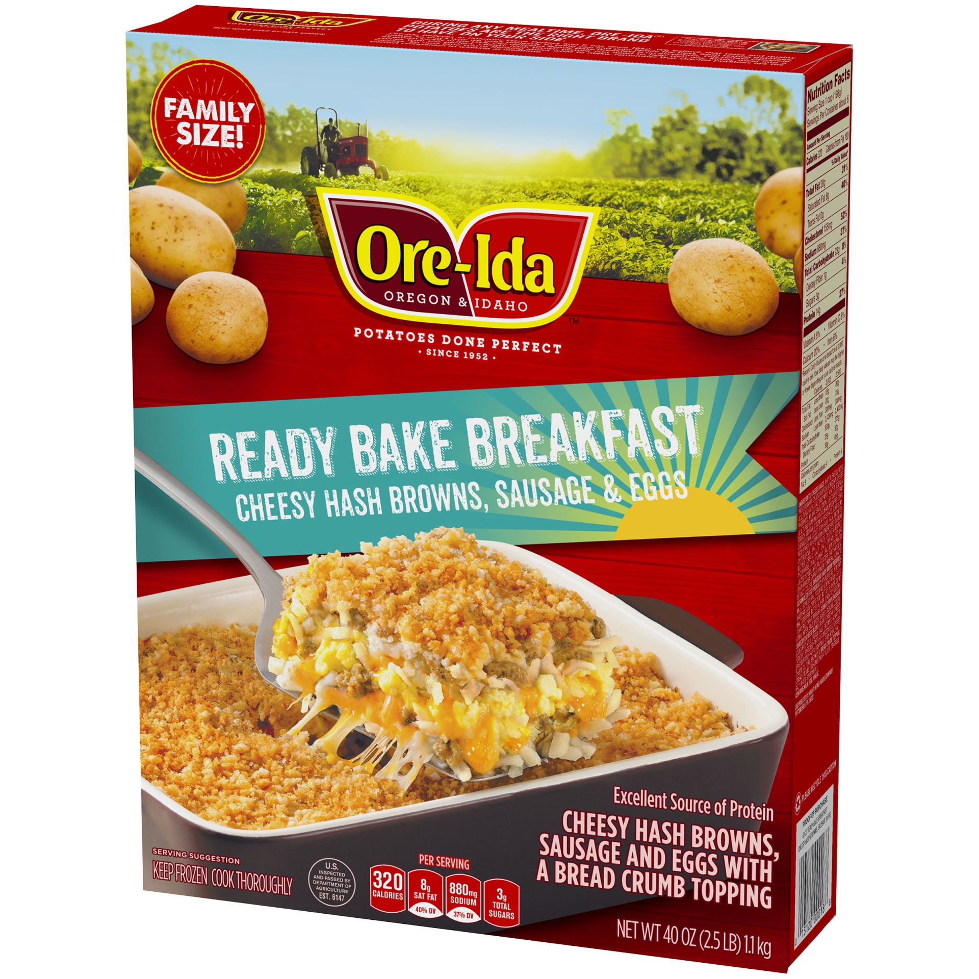 slide 3 of 6, Ore-Ida Ready Bake Breakfast Cheesy Hash Browns, Sausage & Eggs Casserole Family Size Frozen Meal, 40 oz