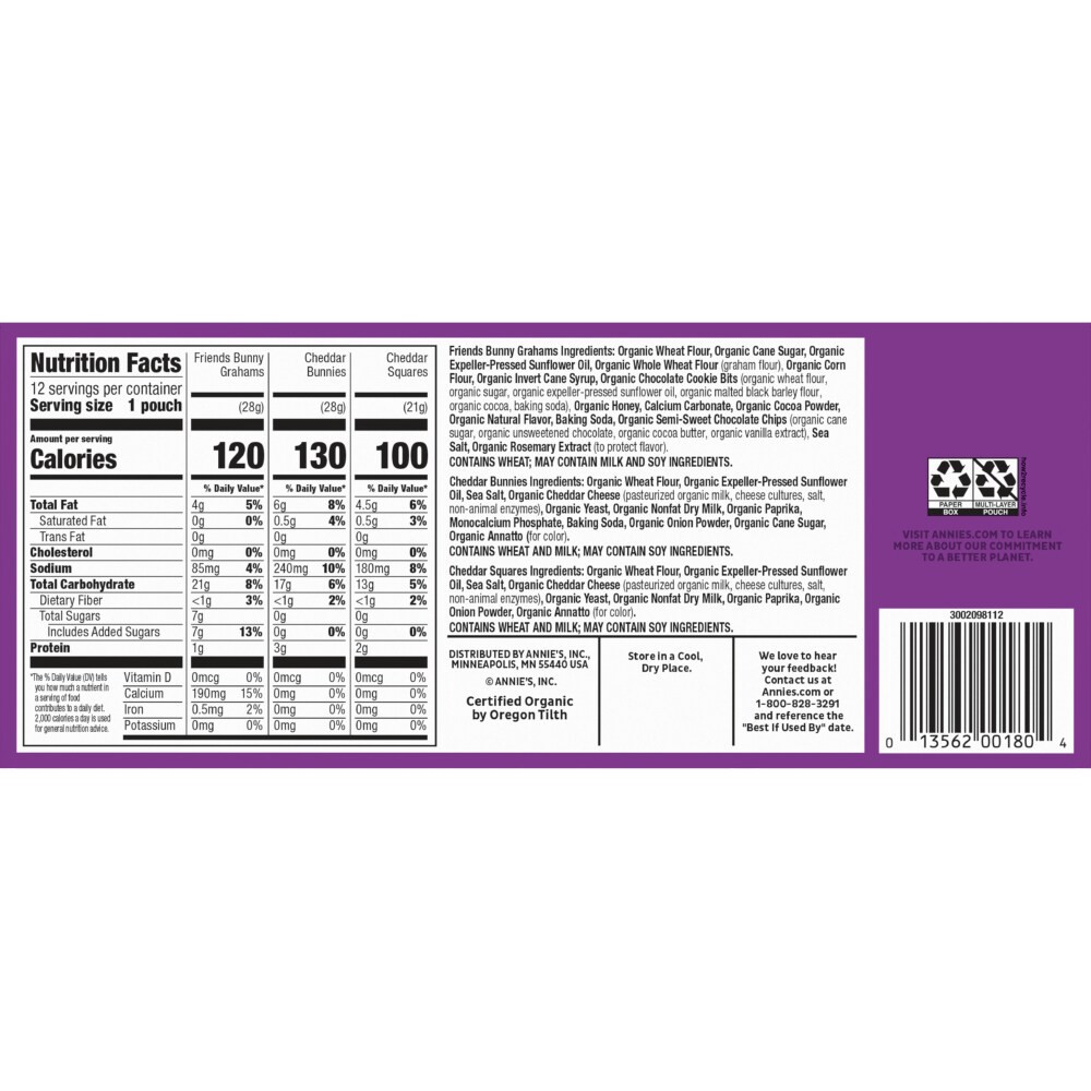 slide 2 of 6, Annie's Organic Variety Pack, Cheddar Bunnies, Bunny Grahams and Cheddar Squares, 12 Pouches, 11 oz, 12 ct