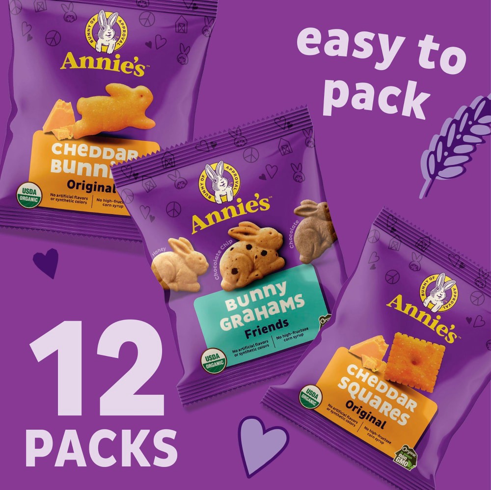 slide 4 of 6, Annie's Organic Variety Pack, Cheddar Bunnies, Bunny Grahams and Cheddar Squares, 12 Pouches, 11 oz, 12 ct